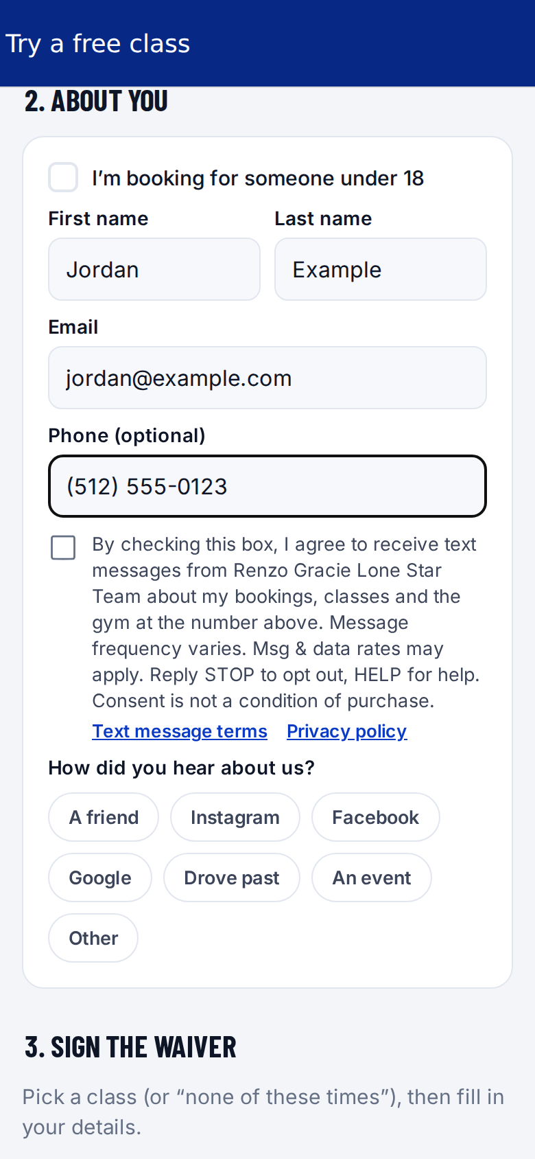 The free-class booking page on a phone: after the phone number, an unchecked box with the text message consent wording, and links to the text message terms and privacy policy